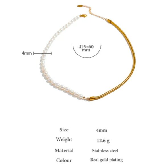 Stainless Steel Natural Pearl Chain Necklace 18k Plated Collar Golden - Picture 2 of 3